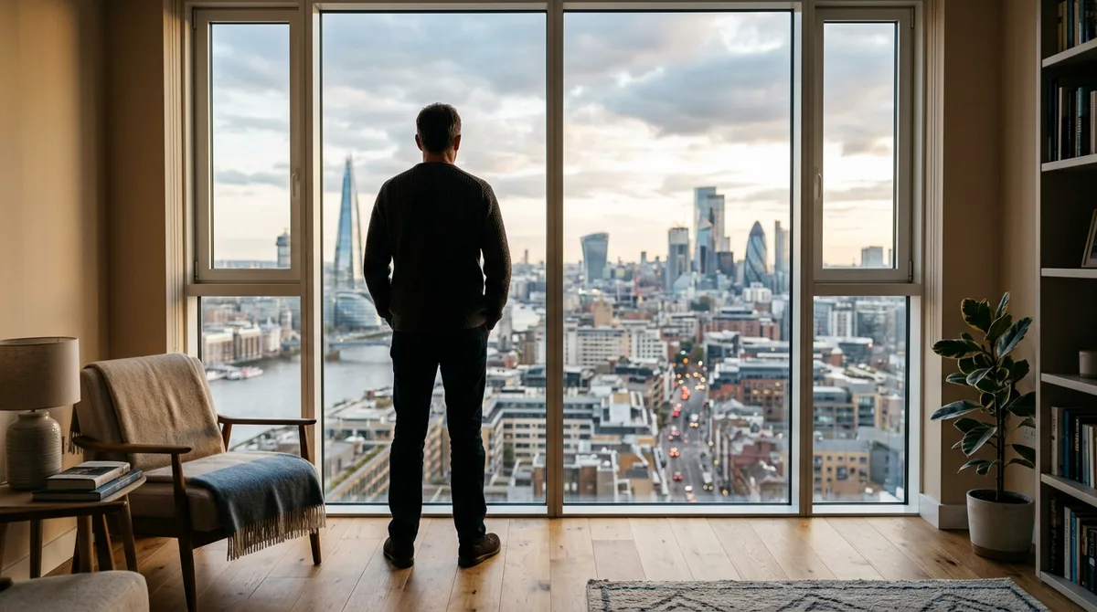 Мужчина стоит у окна и смотрит на город